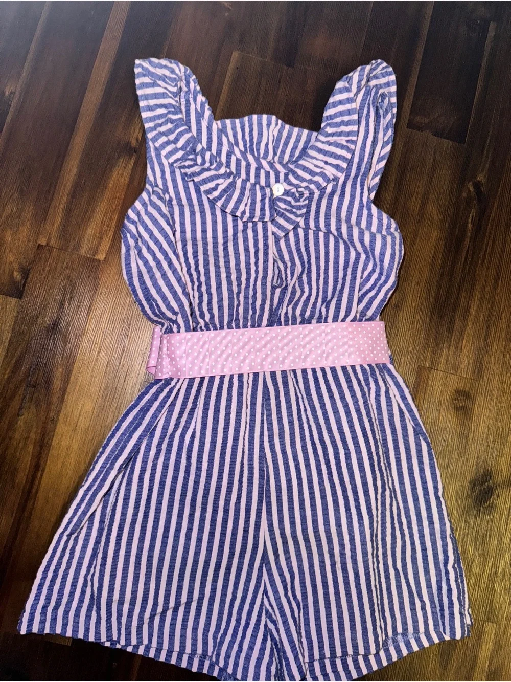 Bonnie Jean Blue Stripe Sleeveless Skort Romper with Pink Bow Belt - Size 6